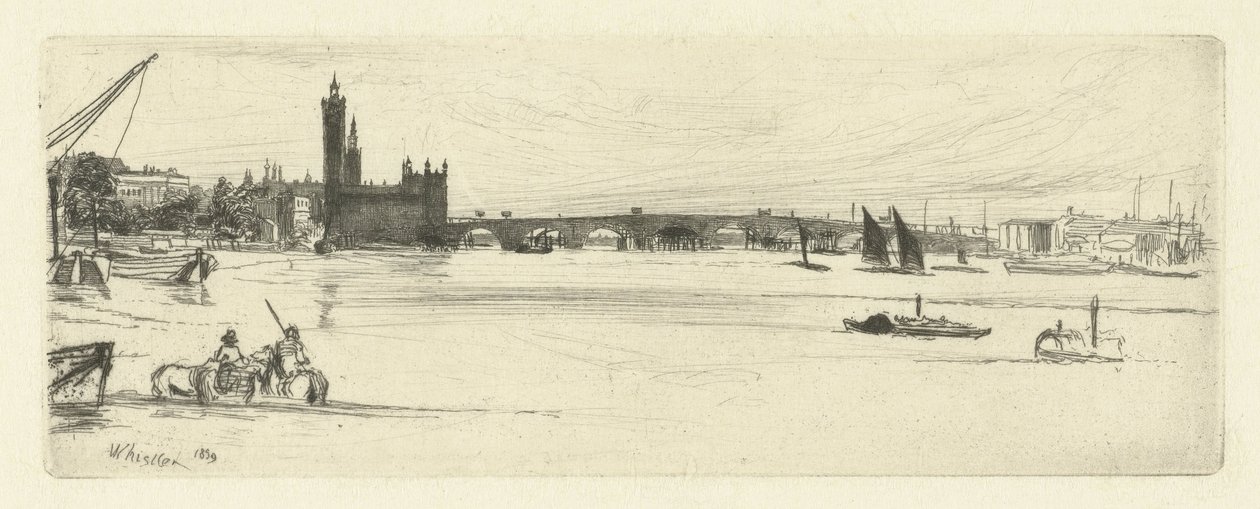 Gamla Westminster Bridge Sexton etsningar av scener om Themsen och andra ämnen (serietitel) av James Abbott McNeill Whistler