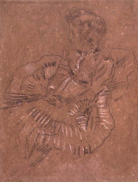PD.67-1959 En sittande flicka i en stor kjol (A Study of Elinor Leyland) c.1870-80 (svartvit krita på brunt papper) av James Abbott McNeill Whistler