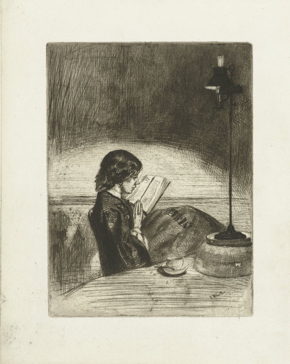 Porträtt av Deborah Delano läsning Läser med lampljus av James Abbott McNeill Whistler