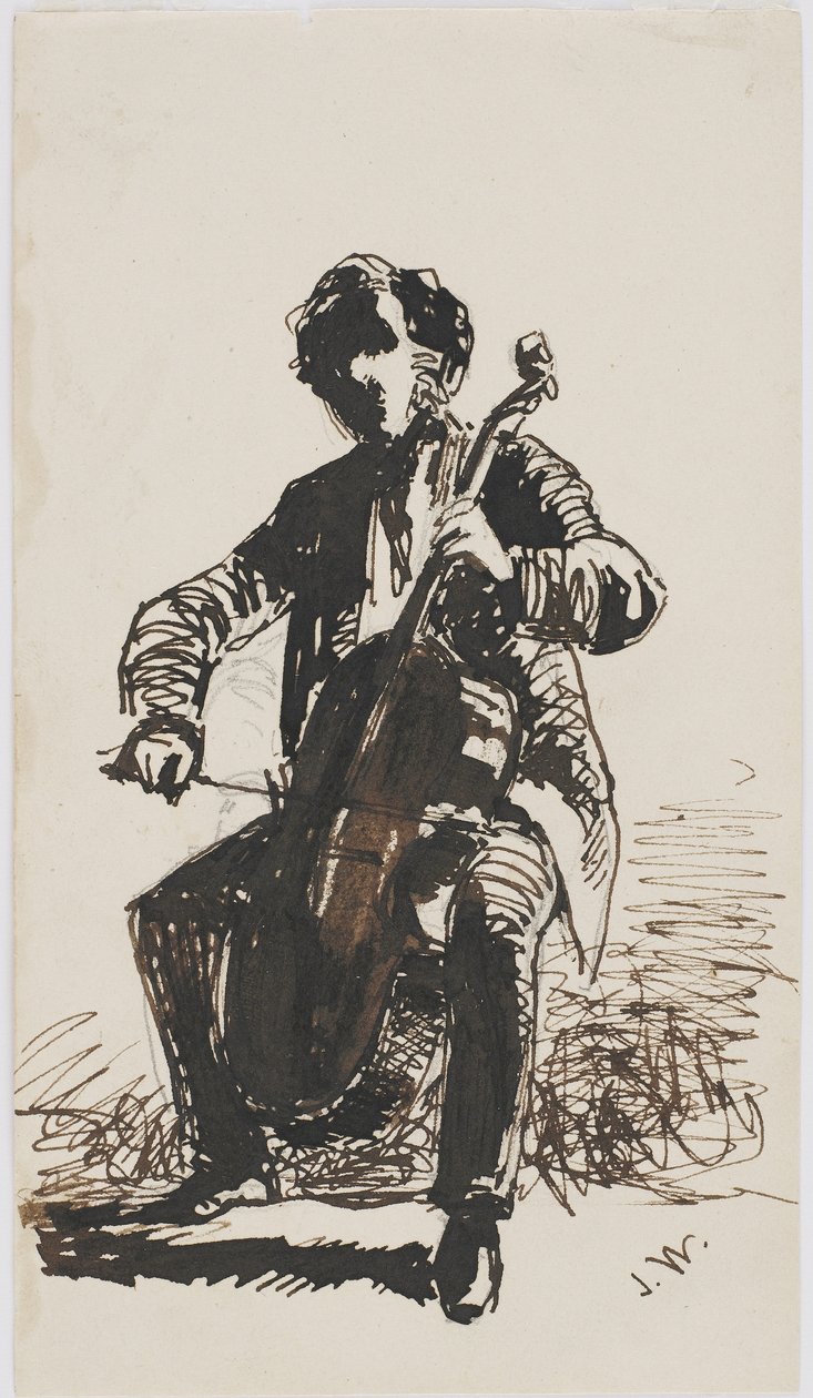 Sir Seymour Haden Playing the Cello, c.1855 (penna, penna och bläck på beige papper) av James Abbott McNeill Whistler