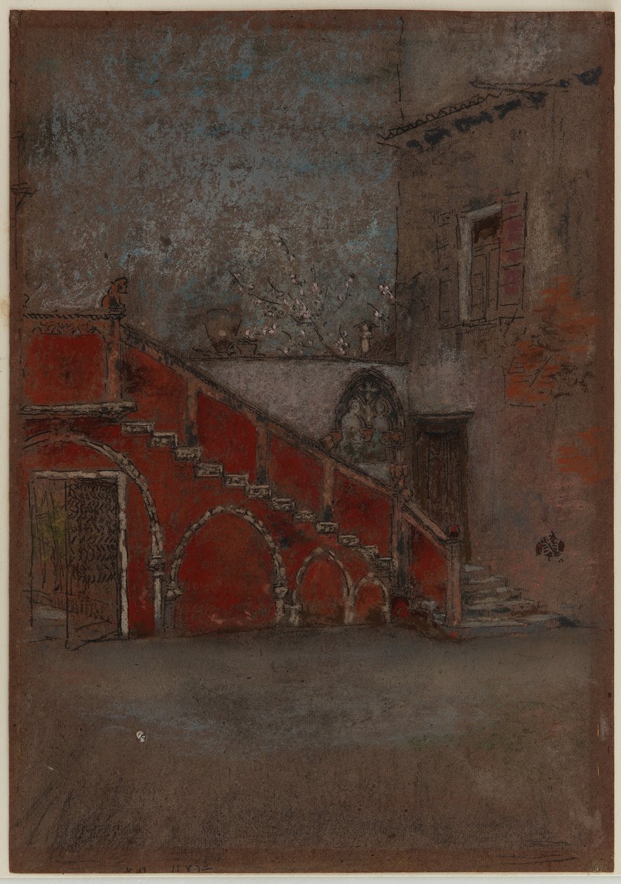 The Staircase: Note in Red, 1880 (krita och pastell på brunt papper) av James Abbott McNeill Whistler