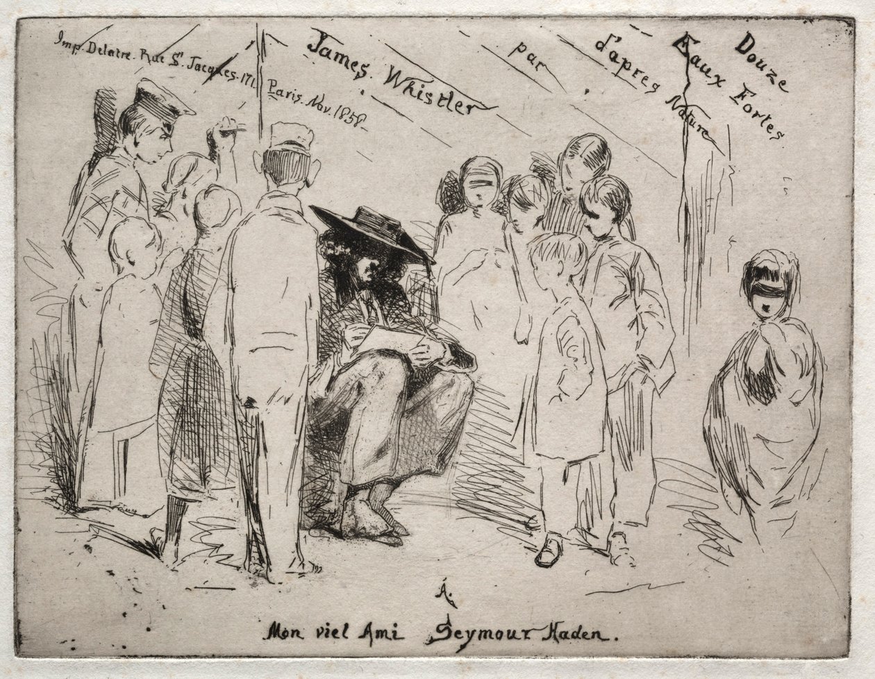 Tolv etsningar från naturen: Titelsida - Delauney Sketching, 1858. av James Abbott McNeill Whistler