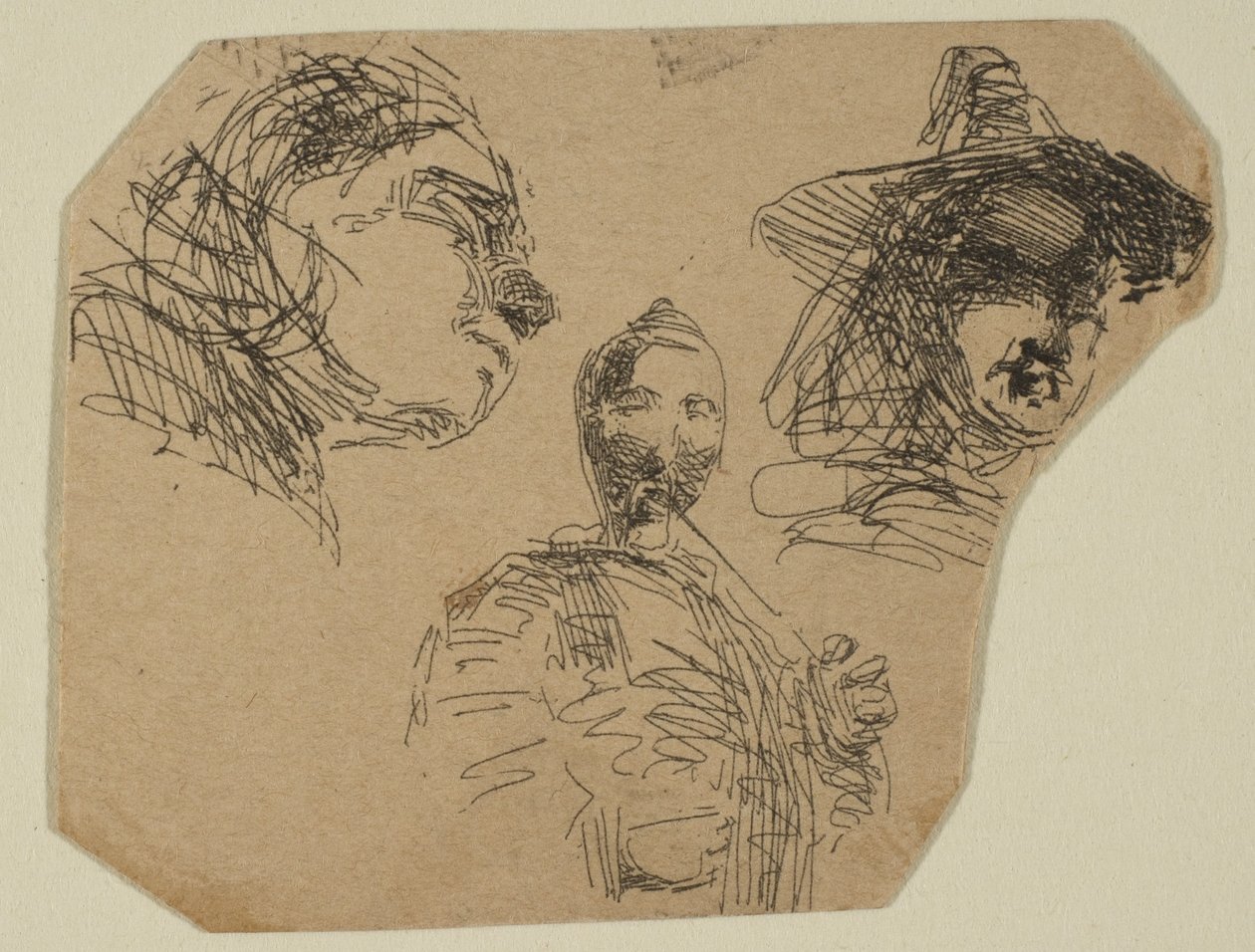 Två kvinnliga huvuden och stående figur från skisser på kustmätningsplattan, 1854-55. av James Abbott McNeill Whistler
