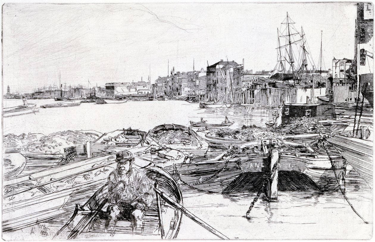 Vy över Themsen, över London Basin (England), år 1859, tillhör en serie gravyrer om Themsen, som belyser gemenskapen av sjöfartsarbetare i den engelska huvudstaden av James Abbott McNeill Whistler