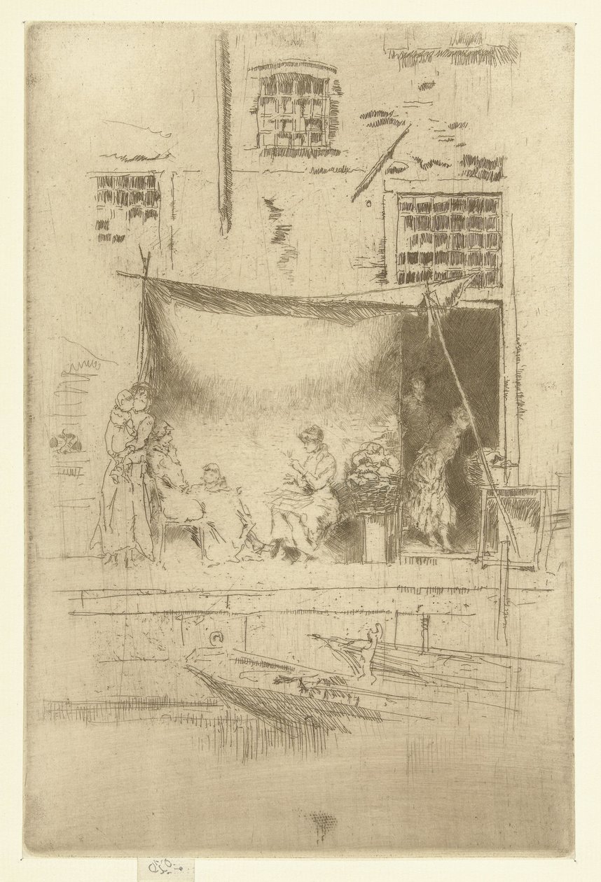 Kvinnor under ett parasoll på kajen Fruktstånd En uppsättning av tjugosex etsningar (serietitel) av James Abbott McNeill Whistler