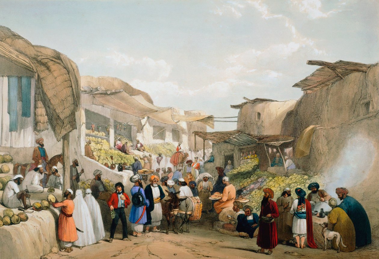 Bazaar i Kabul under fruktsäsongen, första anglo-afghanska kriget, 1838-1842 av James Atkinson
