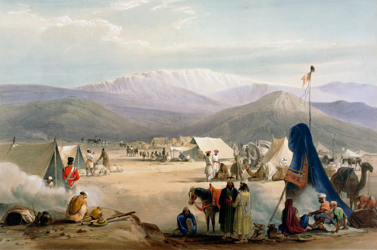 Brittisk arméläger vid Dadur vid ingången till Bolan-passet, första anglo-afghanska kriget, 1838-1842 av James Atkinson
