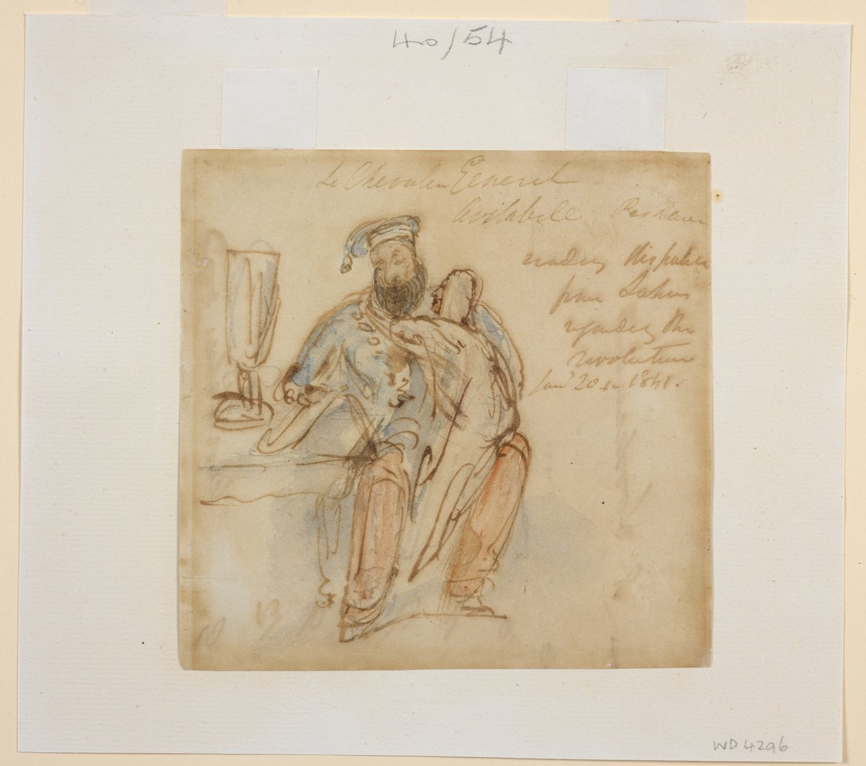 General Avitabile sitter vid ett bord och läser, med en kvinna på knäet, möjligen hans favorit, Begum Peri av James Atkinson