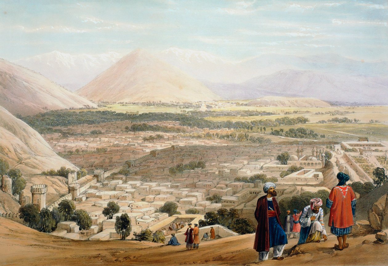 Kabul från citadellet, visar den gamla muromgärdade staden, första anglo-afghanska kriget 1838-1842 av James Atkinson