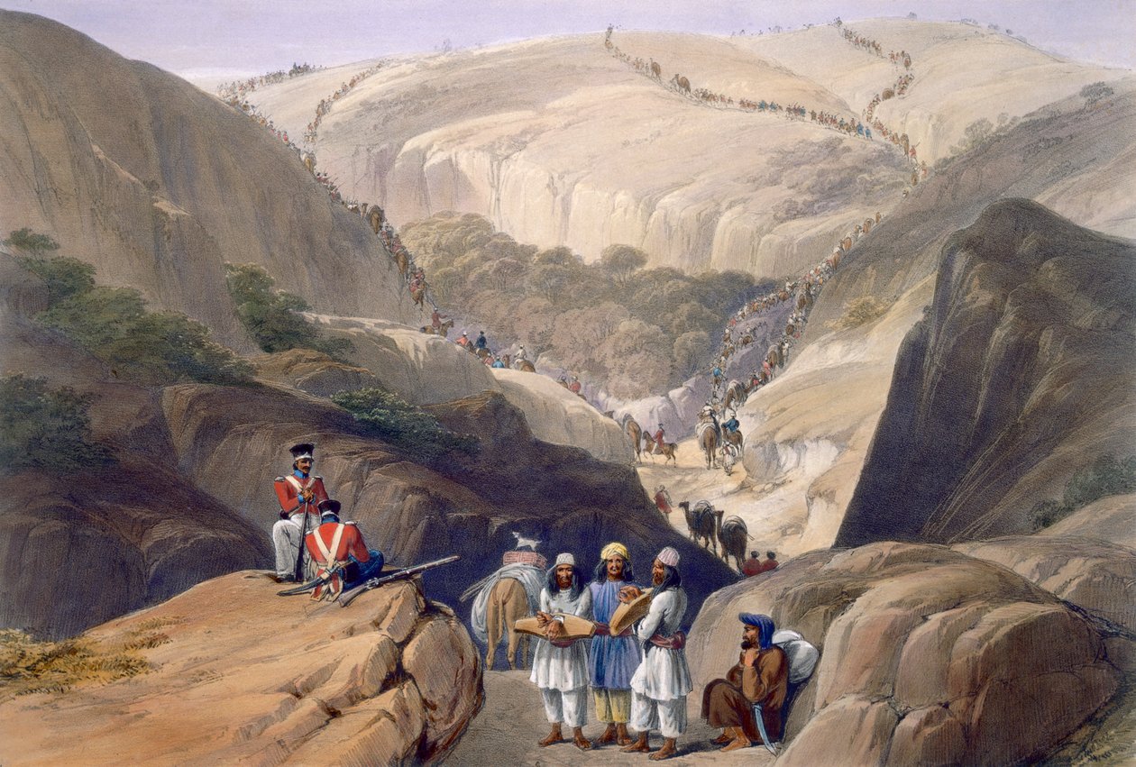 Den första nedstigningen genom Koojah-passet, ur "Sketches in Afghaunistan", graverad av Charles Haghe (1810-88) och Louis Haghe (1806-85), utgiven av Henry Graves, 1842. av James Atkinson