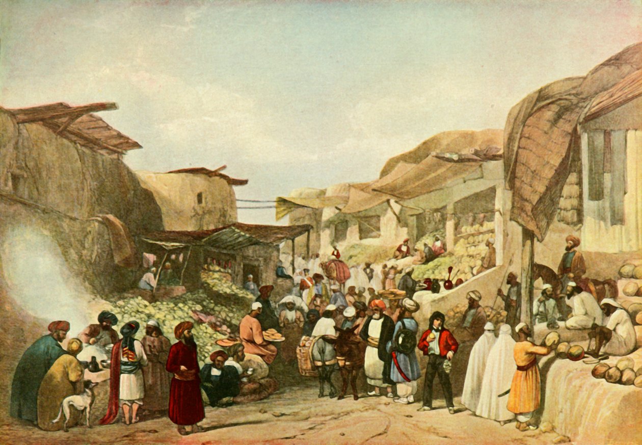 Huvudgatan i basaren i Kabul under fruktsäsongen, c1840, 1901. av James Atkinson