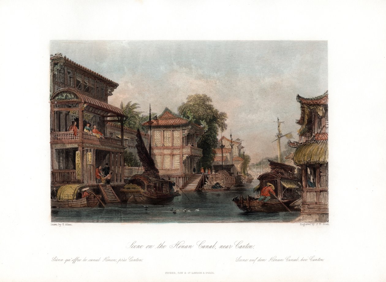 Scen på Honan-kanalen, nära Canton, Kina, c1840. av James B. Allen