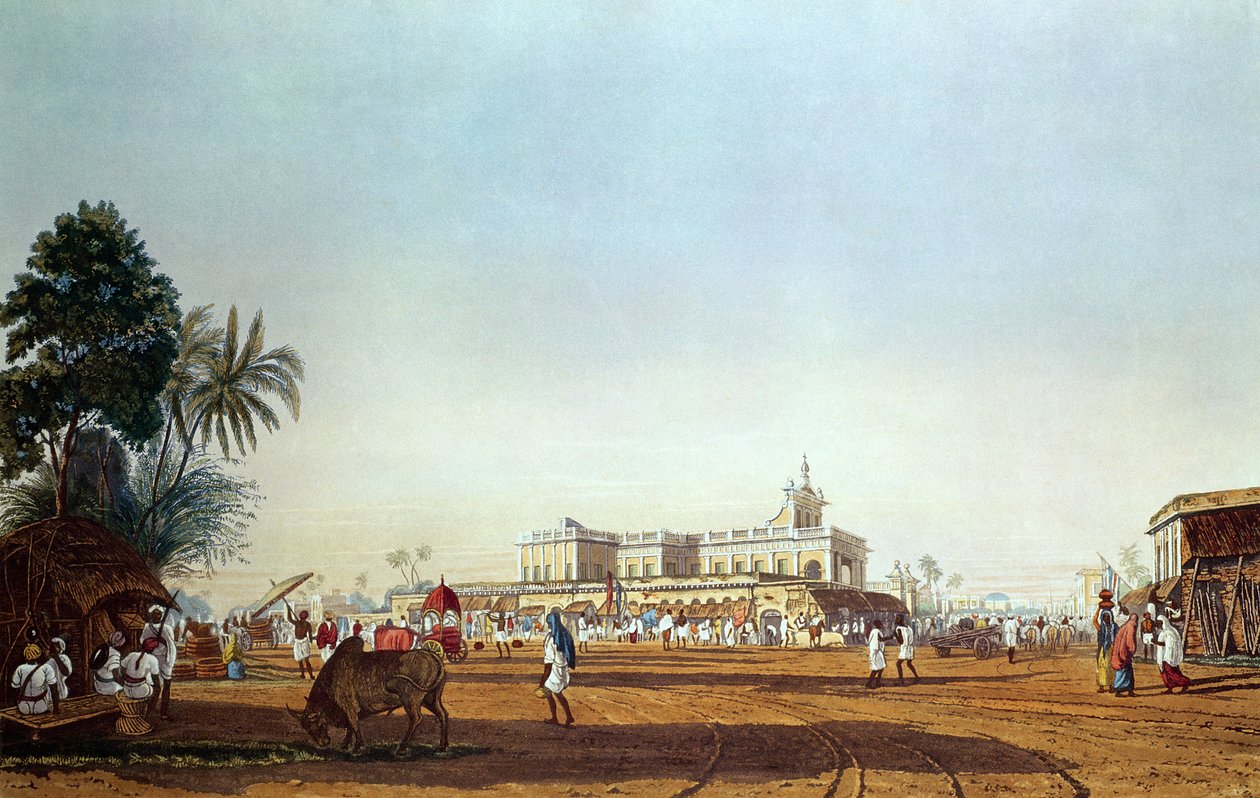 Lall Bazaar och det portugisiska kapellet, Calcutta, graverad av Robert Havell, pub. 1824 av James Baillie Fraser