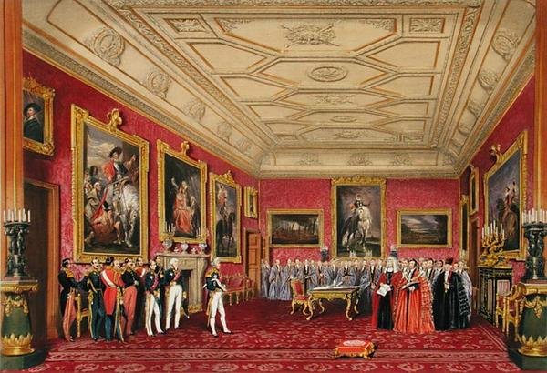 Rubensrummet, Windsor Castle - kungen av Frankrike får en adress från rådmannen av James Baker (after) Pyne
