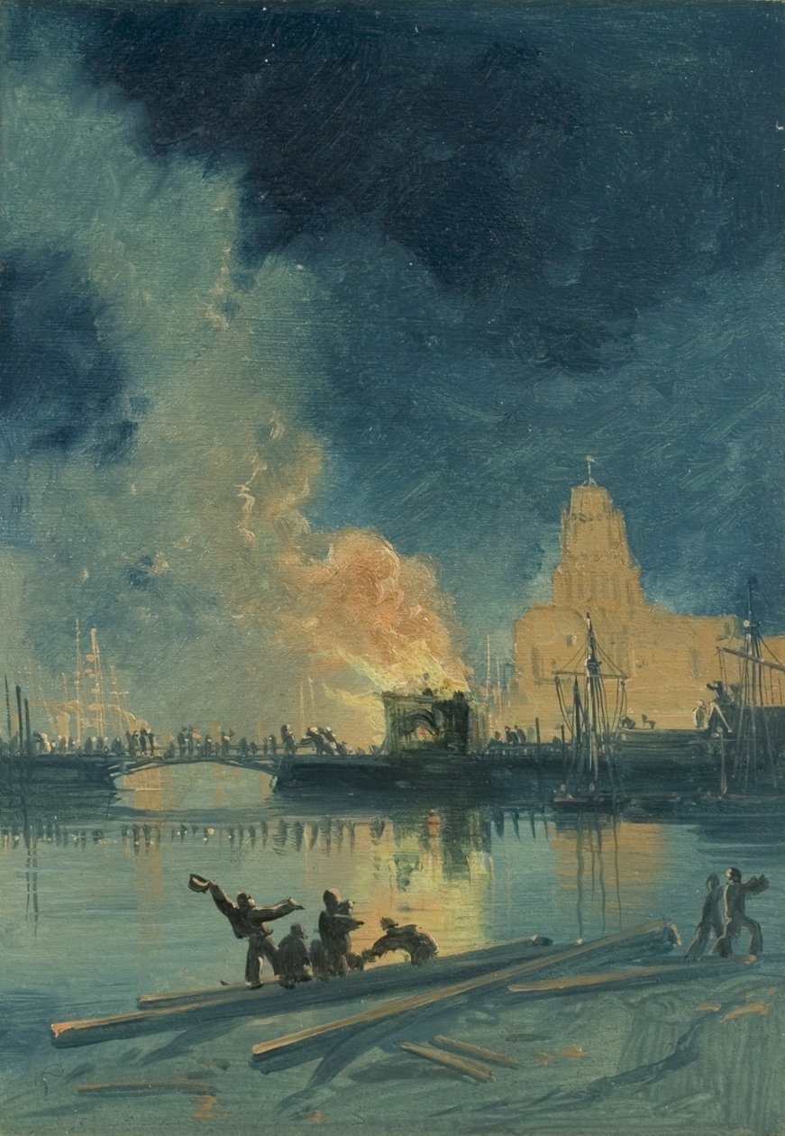 Bristol Riots: Burning Toll House på Prince Street Bridge, ca 1832 (olja på papper) av James Baker Pyne