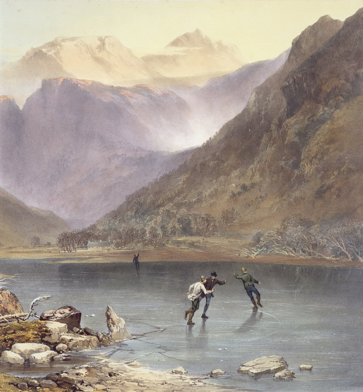 Brothers Water, detalj av skridskoåkare, från The English Lake District, 1853 litho detalj av 90428 av James Baker Pyne