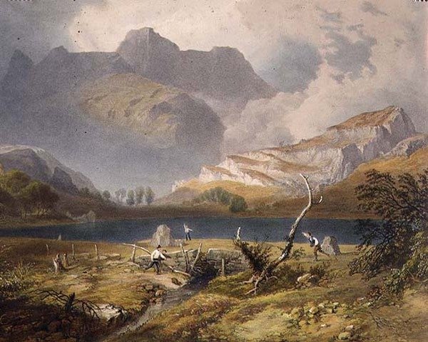 Langdale Pikes, detalj av tjärnen, från "The English Lake District", 1853 av James Baker Pyne