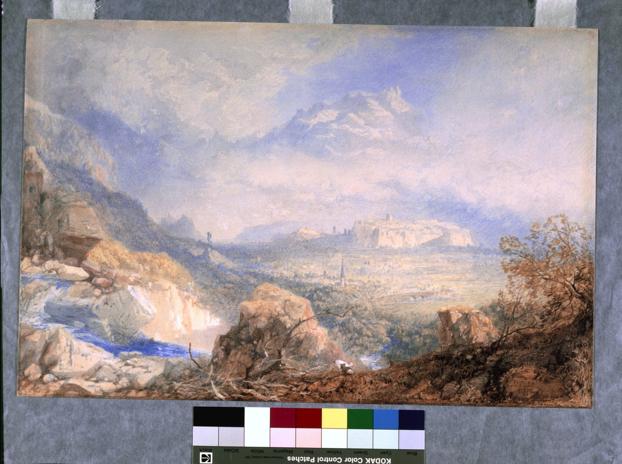 Rhônedalen med staden och citadellet i Sion, i Schweiz (akvarell och gouache på benvitt papper) av James Baker Pyne