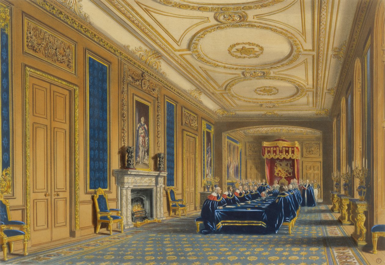 Throne Room, Windsor Castle - Installationen av Strumpebandsorden, 1838 av James Baker after Pyne