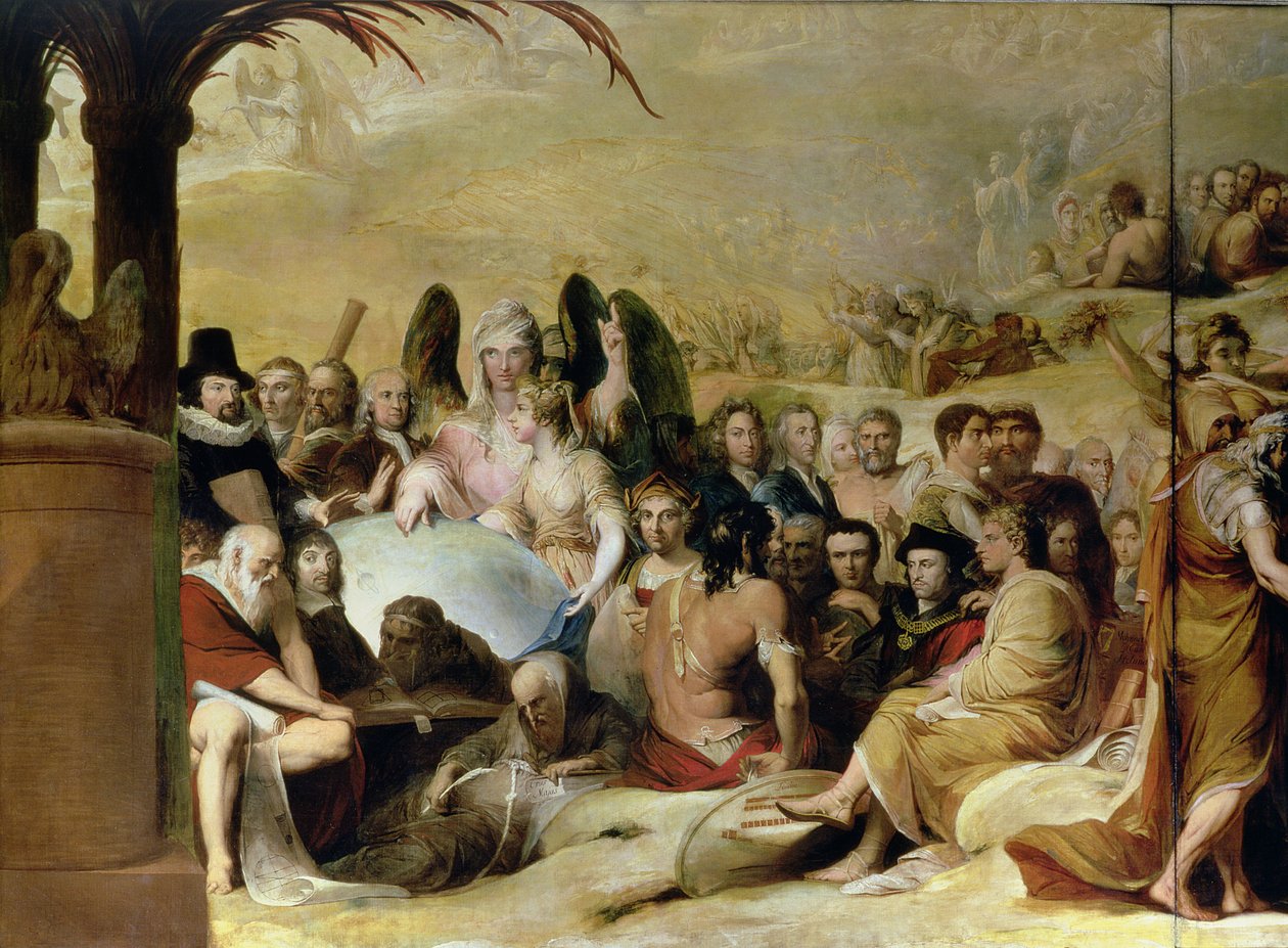 Elysium, eller The State of Final Retribution, sjätte i serien av The Progress of Human Culture and Knowledge c.1777-84, detalj av vetenskapsmän och filosofer som tittar på Globen (se al. av James Barry