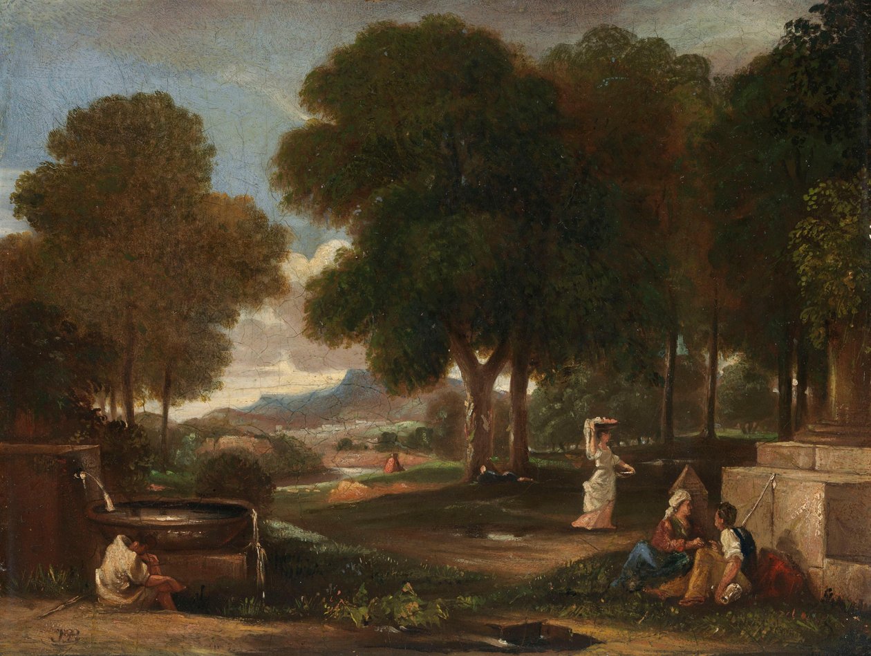 Landschaft mit einem Mann, der seine Füße an einem Brunnen wäscht av James Barry