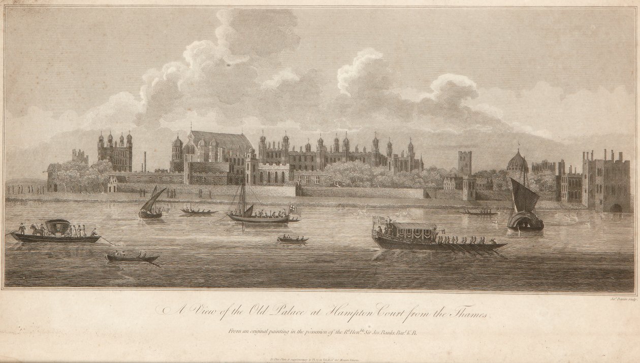 En vy av det gamla palatset i Hampton Court från Themsen av James Basire