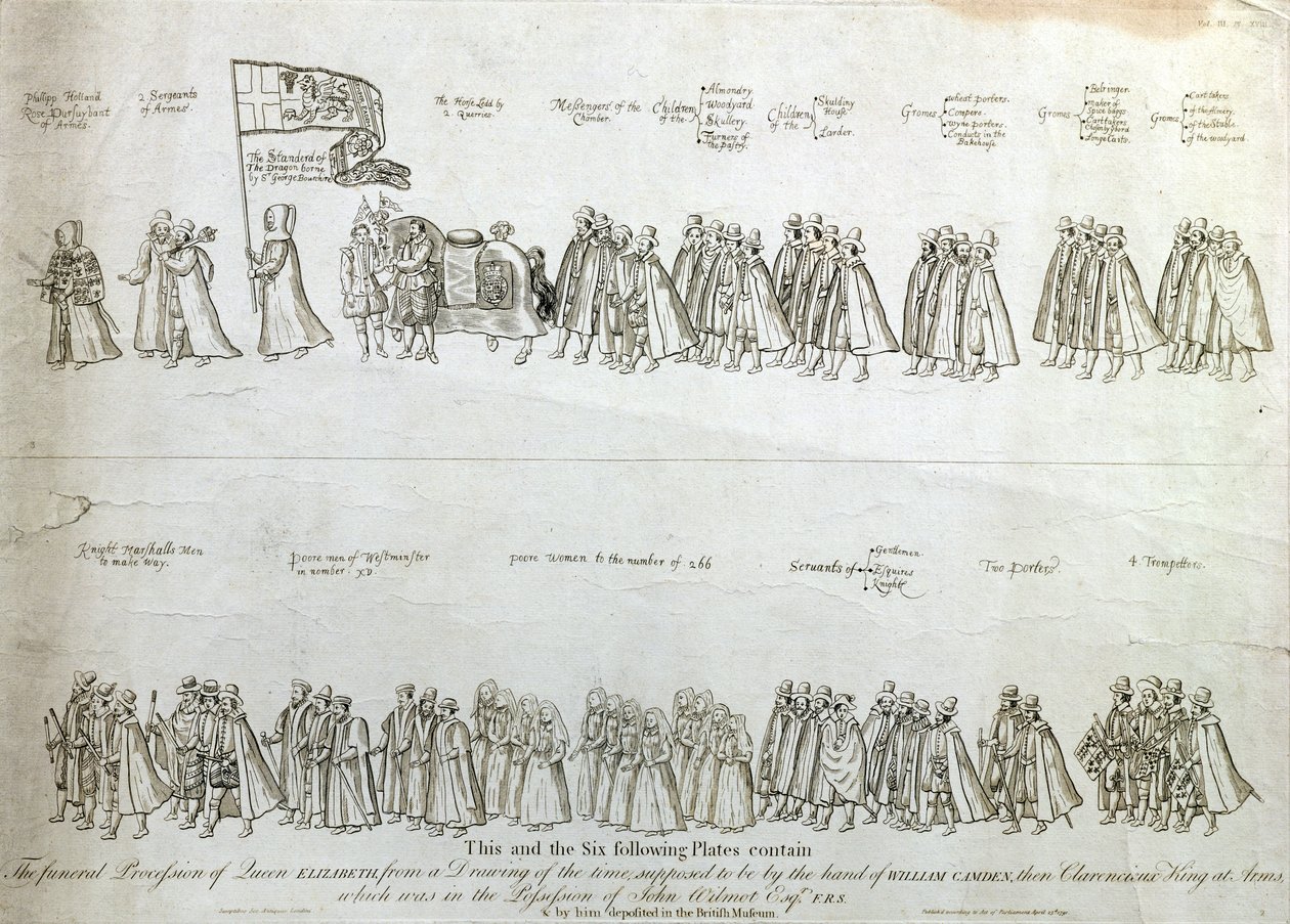 Drottning Elizabeth I:s begravningsprocession, efter en teckning från den tiden som antas vara gjord av William Camden, Clarencieux King-at-Arms, graverad av James Basire (1730-1802), pub. 1791 (gravyr) av James Basire