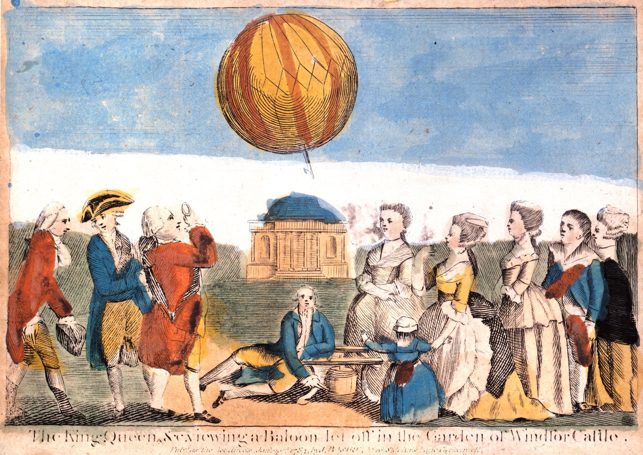 "Kungen, drottningen etc. tittar på en ballong som släpper i trädgården på Windsor Castle" av James Basire