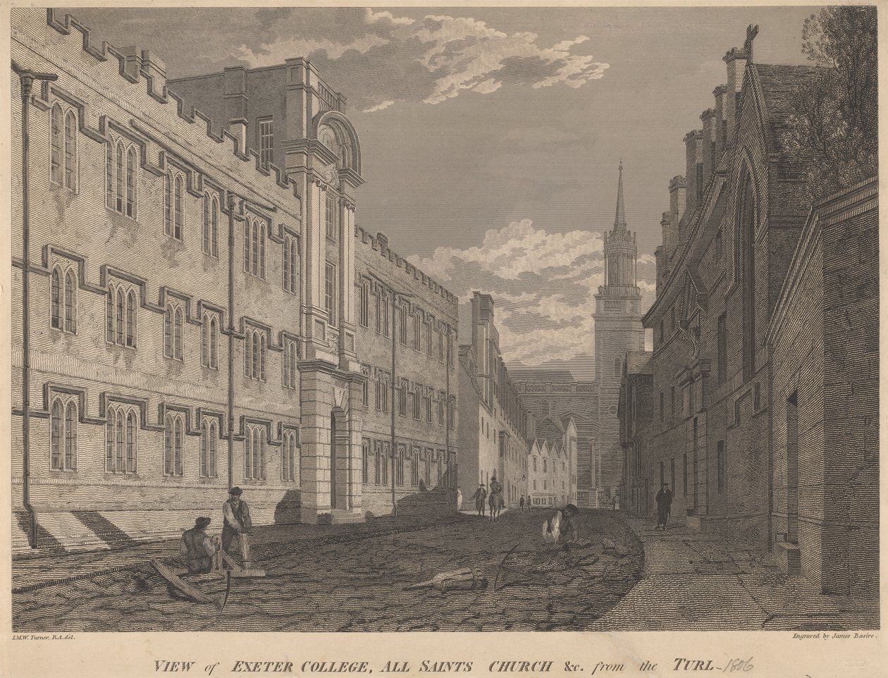 Utsikt över Exeter College, All Saints Church, från Turl av James Basire