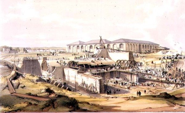 Building the Stationary Engine House, Camden Town, 28 april 1837, graverad av konstnären av James Bourne