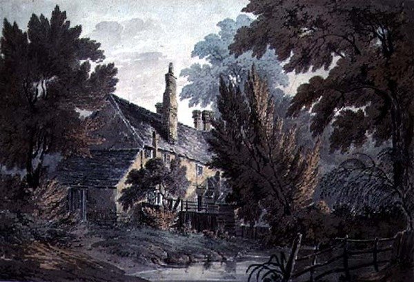 Landskap med hus vid en damm, 1800-tal av James Bourne