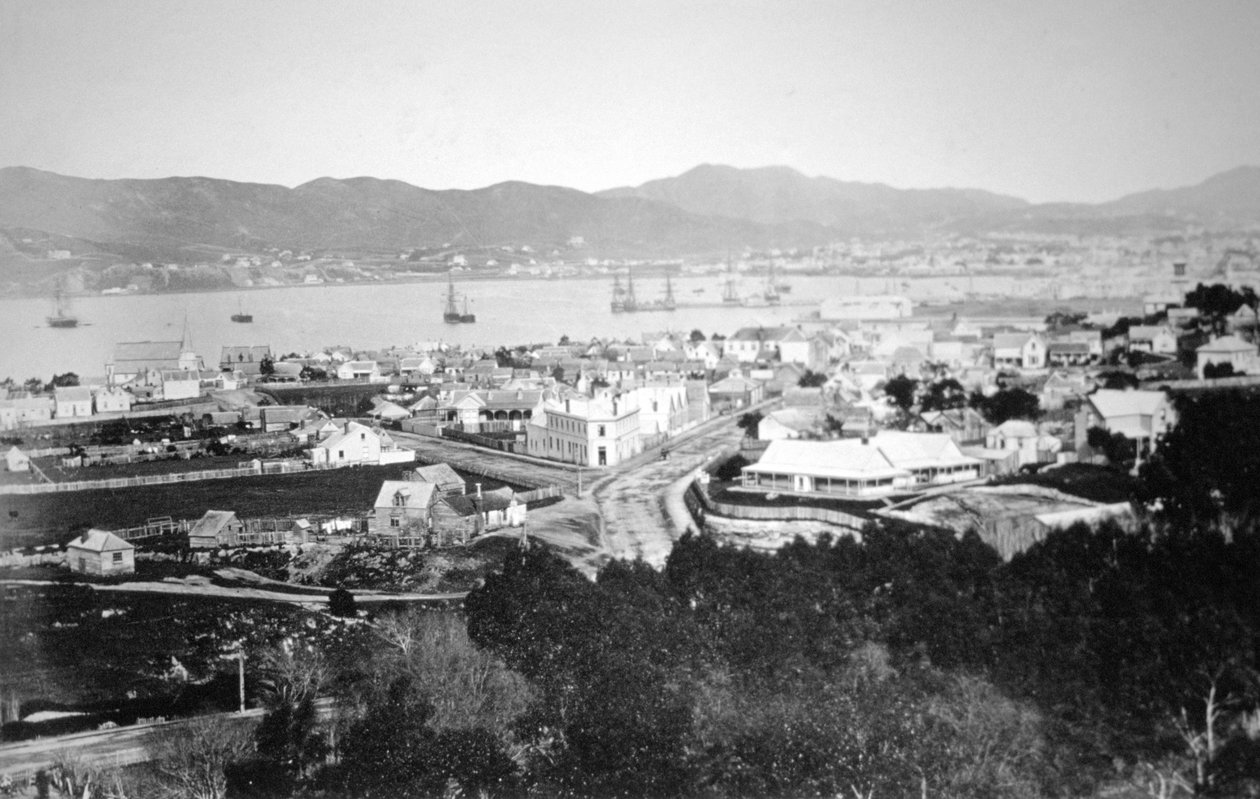 Lambton Harbor och Queens Wharf, Wellington, Nya Zeeland, 1870 av James Bragge