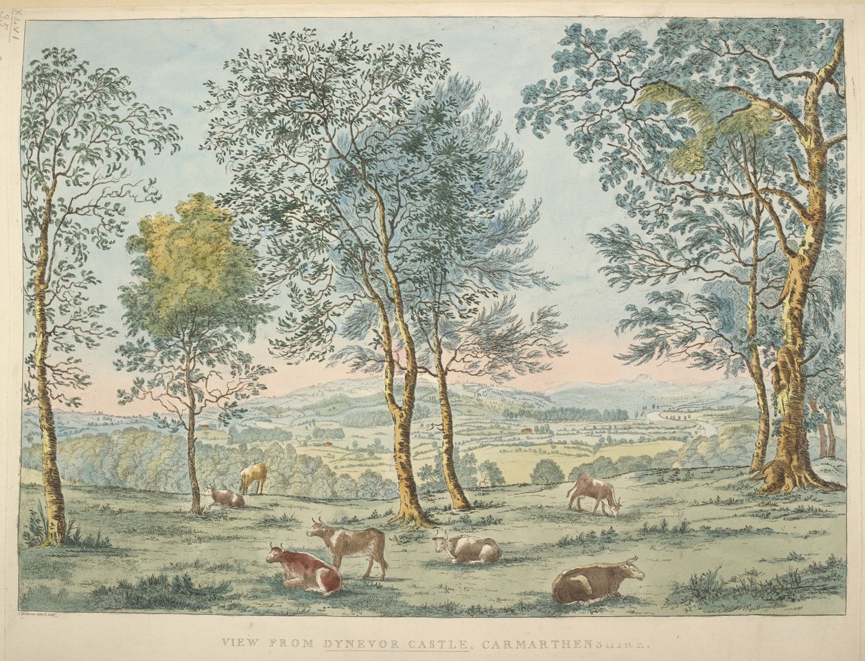 Kartor K, Top 46. 35 c Utsikt från Dynevor Castle, Carmarthen (handfärgad etsning) av James Bretherton