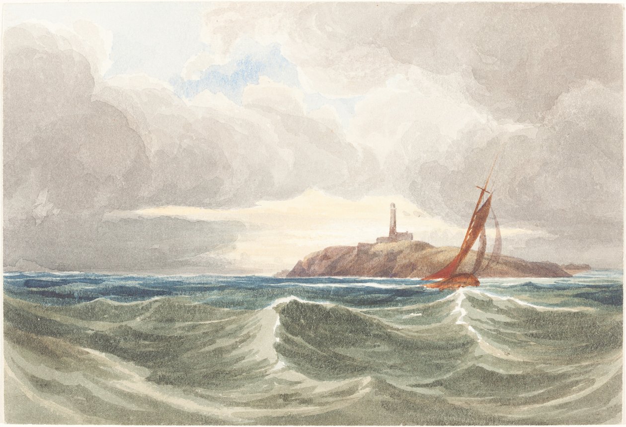 Havslandskap med fyr. av James Bulwer