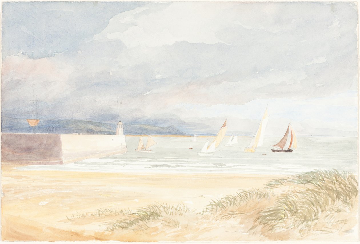 Strandscen med segelbåtar (Portland, Dorset?) av James Bulwer