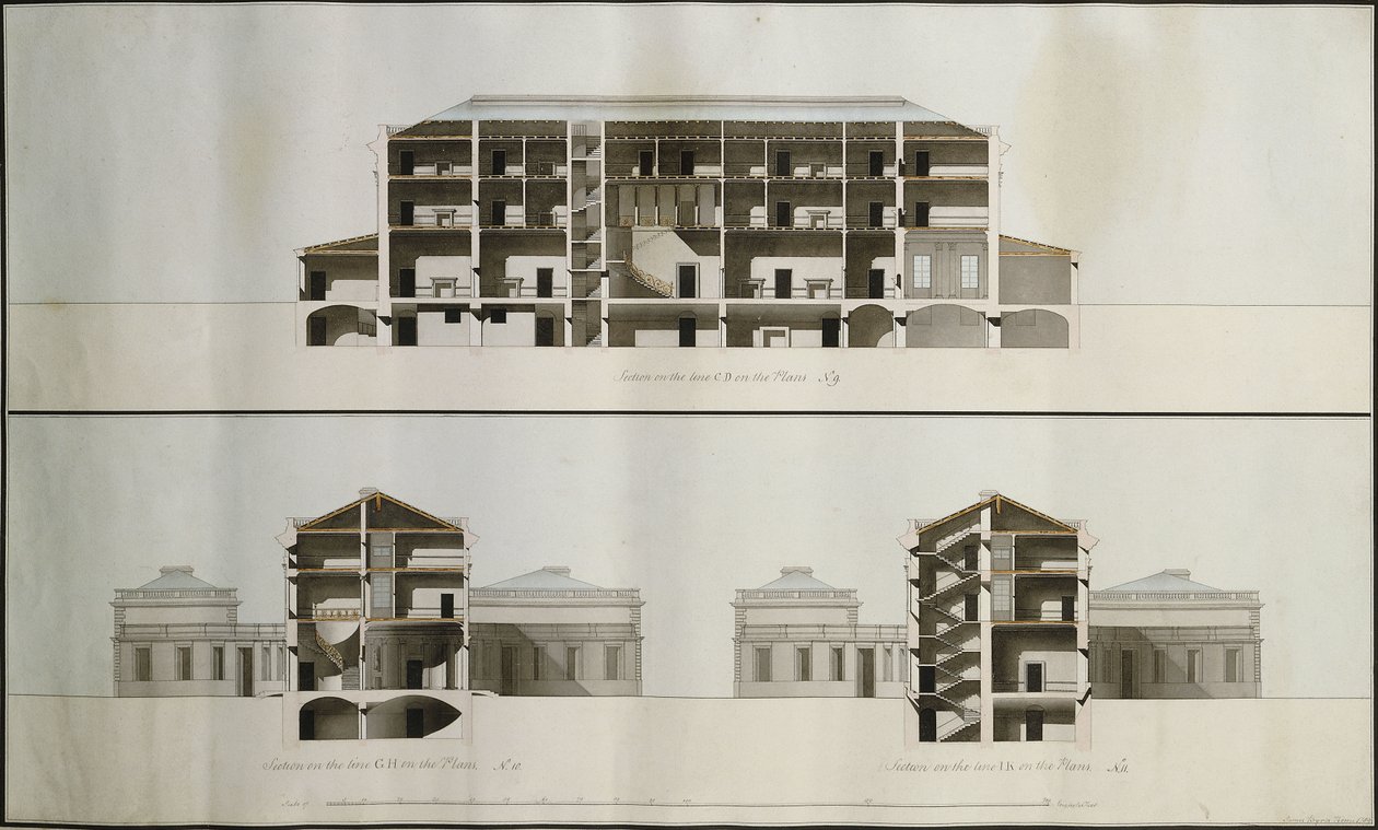 Designs for a Neo-Classical House for Lord Charleville: Three Sections av James Byres