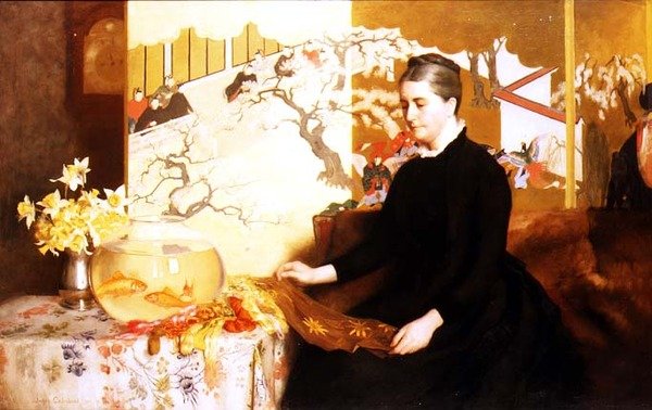 Dam med japansk skärm och guldfisk (porträtt av konstnärens mor) av James Cadenhead