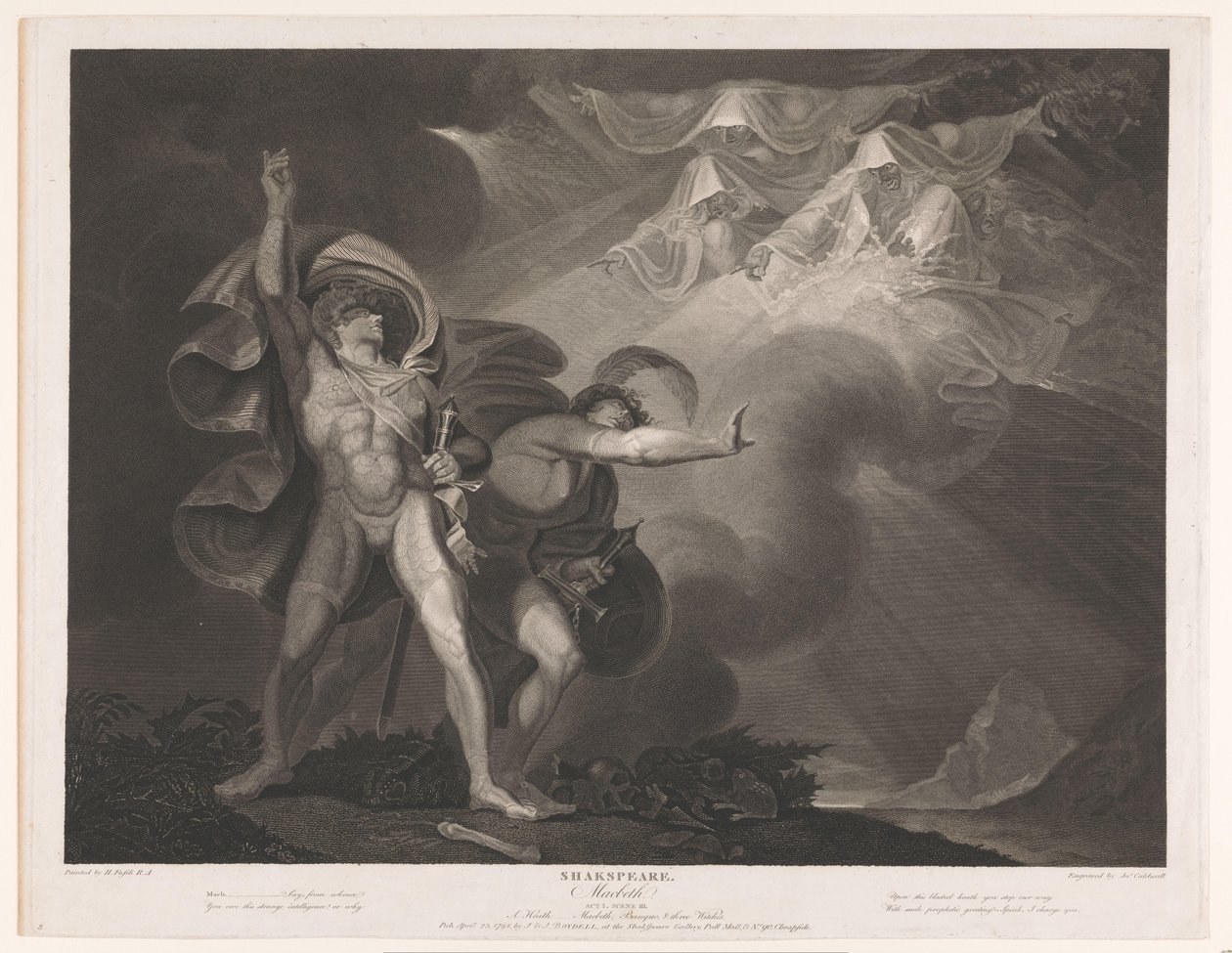 Tre häxor dyker upp för Macbeth och Banquo Shakespeare / Macbeth (titel på objekt) av James Caldwall