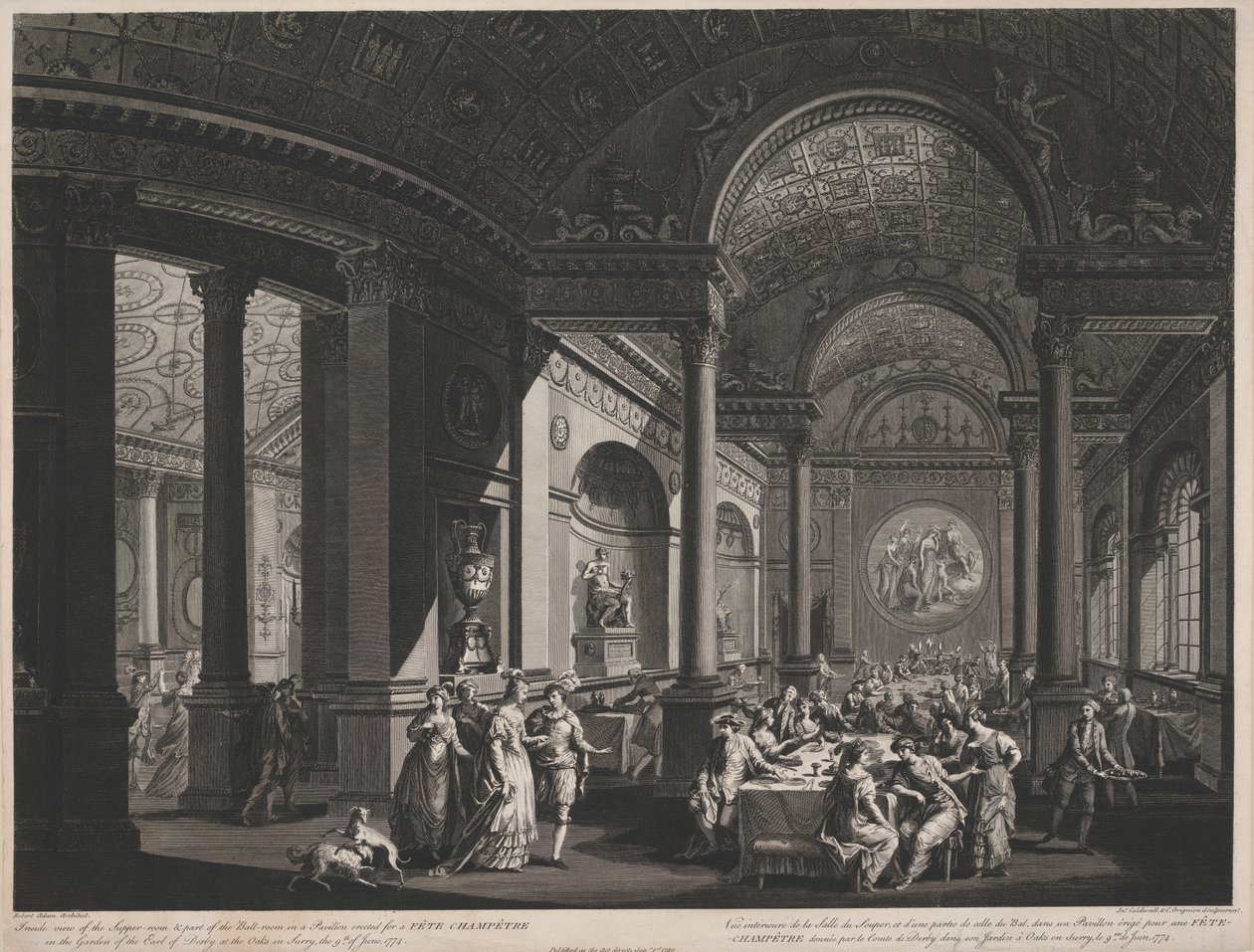 Inifrån av nattvardssalen och en del av balsalen i en paviljong som uppfördes för en fete Champetre i Garden of Earl of Derby av James Caldwall