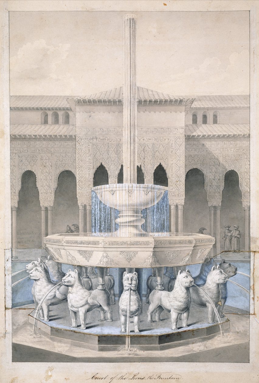 Fountain in the Court of the Lions, Alhambra, från The Arabian Antiquities of Spain, publicerad 1815 (handfärgad gravyr) av James Cavanagh Murphy