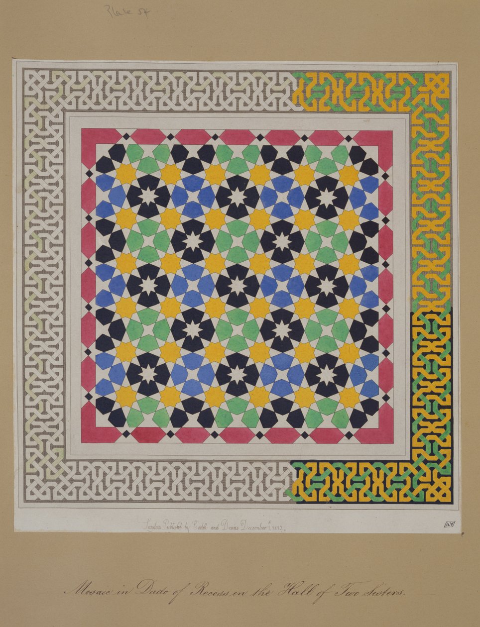 Mosaik i dado i en nisch i de två systrarnas sal, Alhambra, från "The Arabian Antiquities of Spain", publicerad 1812. av James Cavanagh Murphy