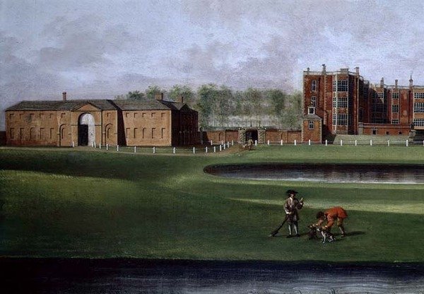 Vy över Temple Newsam House, detalj av ridhuset, ca 1750 (olja på duk) (se även 128852) av James Chapman