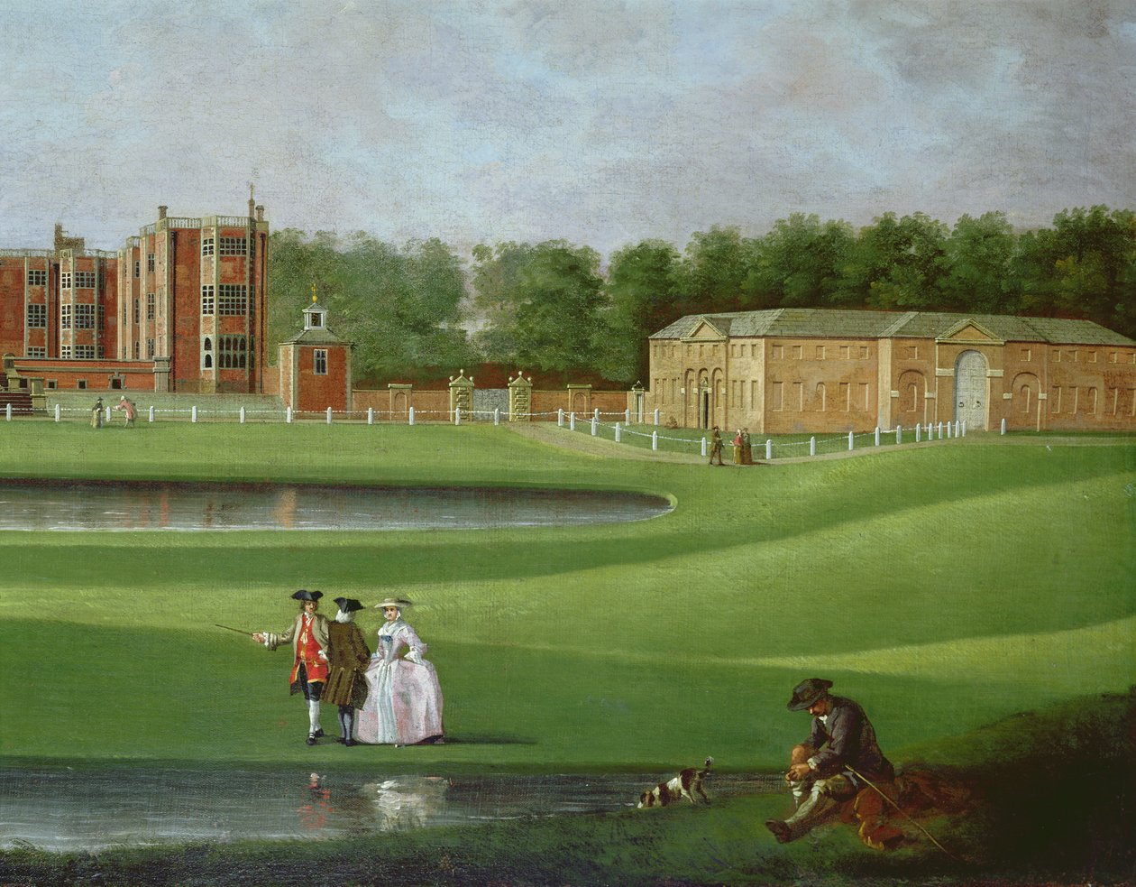 Vy över Temple Newsam House, detalj av stallbyggnaden, ca 1750 (olja på duk) (se även 128852) av James Chapman