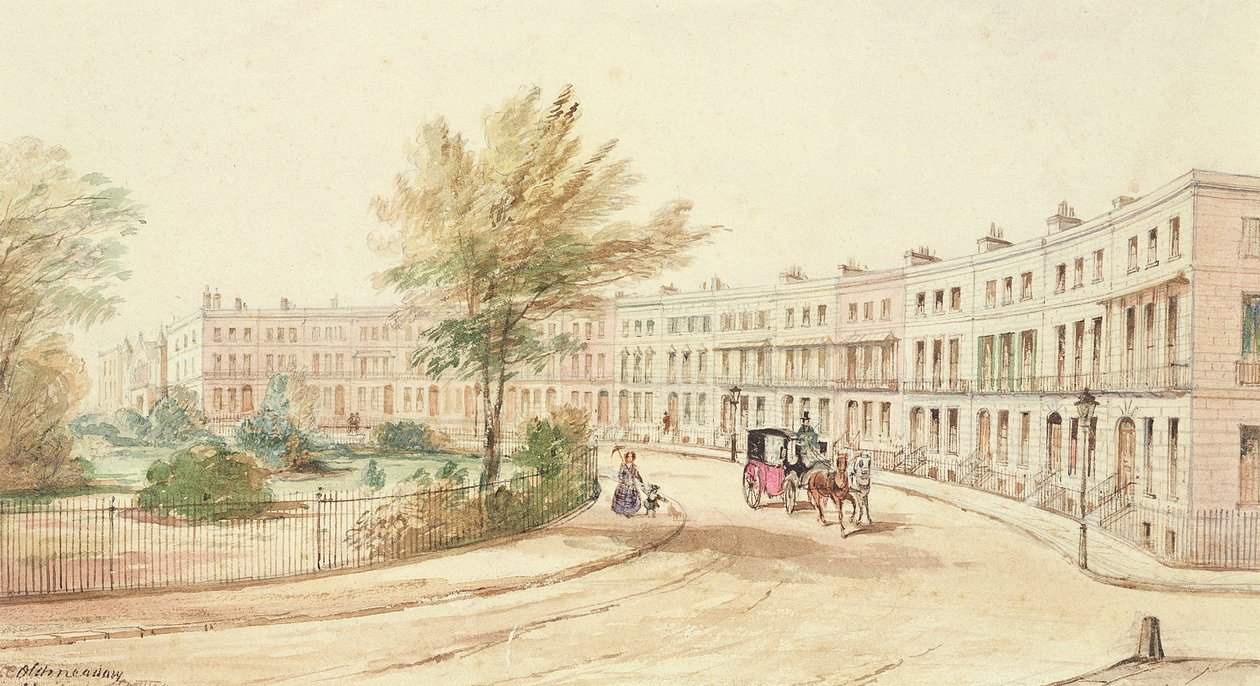 Royal Crescent, Cheltenham, ca 1850 (wc på papper) av James Charles Oldmeadow