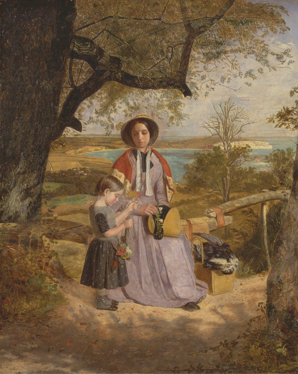 Mother and Child by a Stile, med Culver Cliff, Isle of Wight, i fjärran av James Collinson