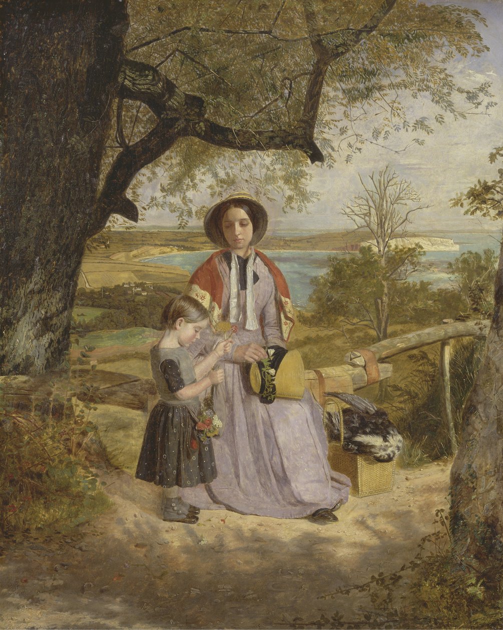 Mother and Child by a Stile, med Culver Cliff, Isle of Wight, i fjärran, ca 1849-50 (olja på panel) av James Collinson