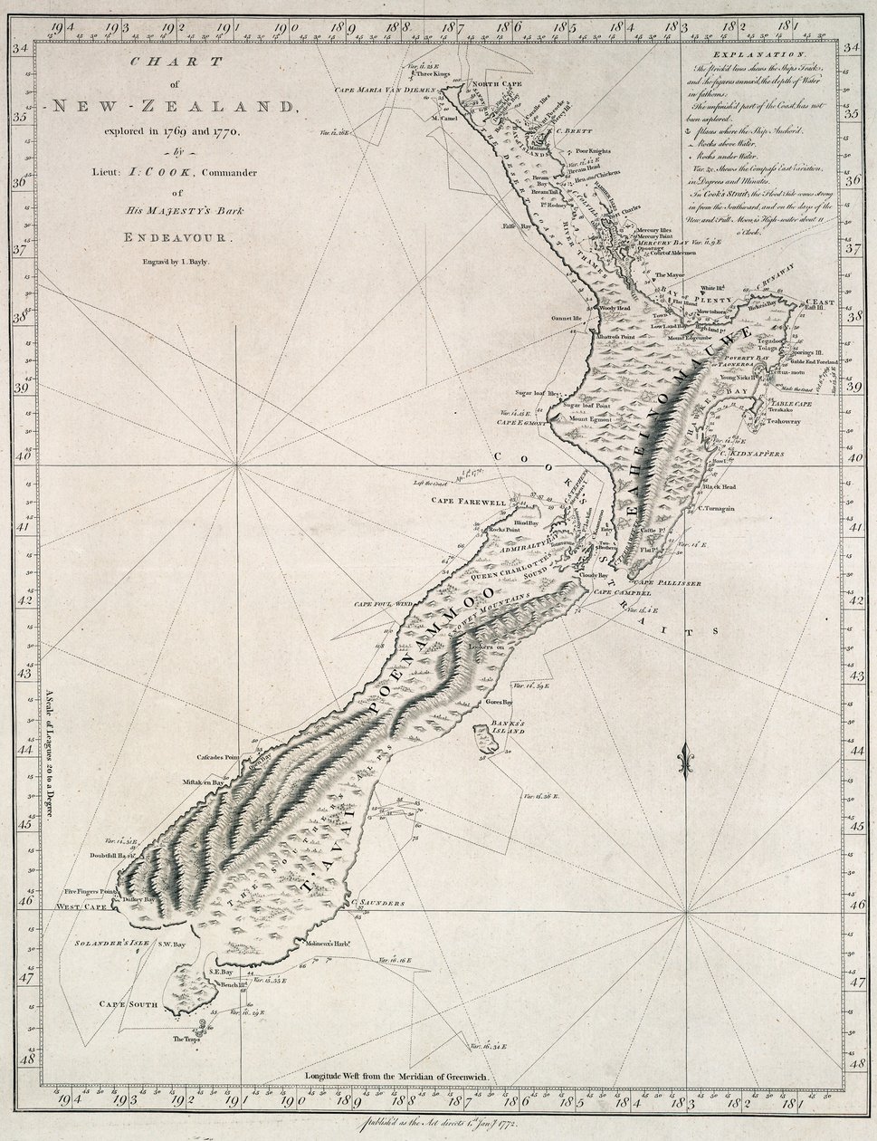 Karta över Nya Zeeland, utforskat 1769 och 1770 av löjtnant J.Cook, befälhavare på Hans Majestäts Bark Endeavour av James Cook