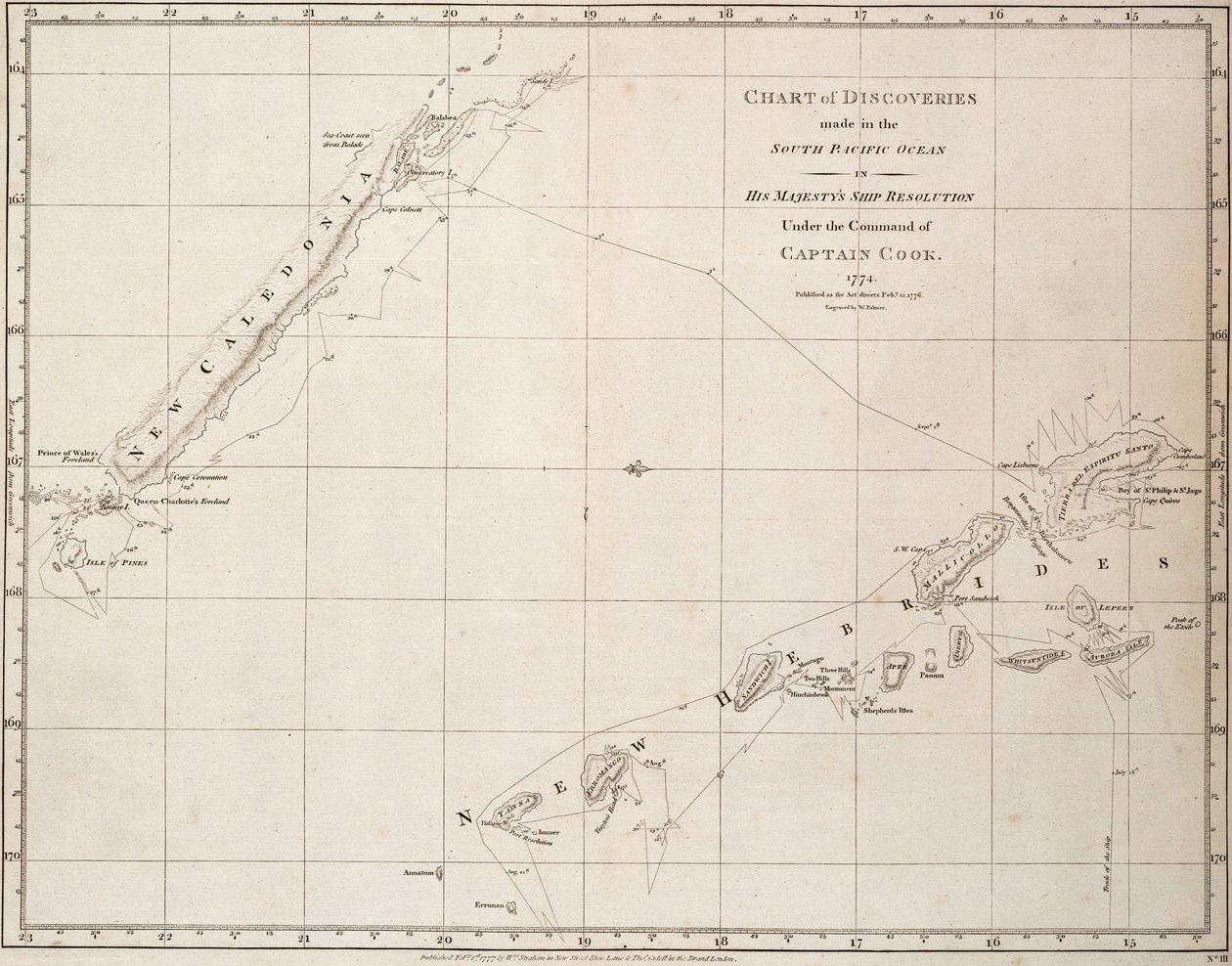 Karta över upptäckter som gjorts i södra Stilla havet med hans majestäts fartyg "Resolution" under kapten Cooks befäl av James Cook