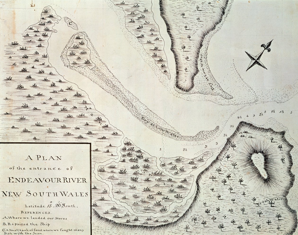 Karta över entrén till Endeavour River, karta från redogörelsen för första resan ledd av James Cook (1728-1779) mellan 1768 och 1771, Australien av James Cook