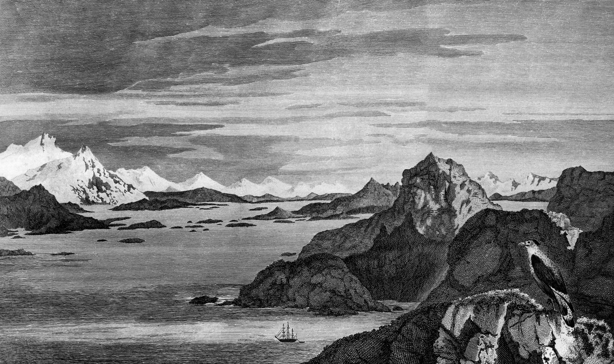 View of Christmas Sound, Tierra del Fuego, teckning av William Hodges, gravyr av William Watts, illustration från Voyage to South Pole, and Round World, av James Cook (1728-1779), upplaga publicerad i Paris 1778 av James Cook